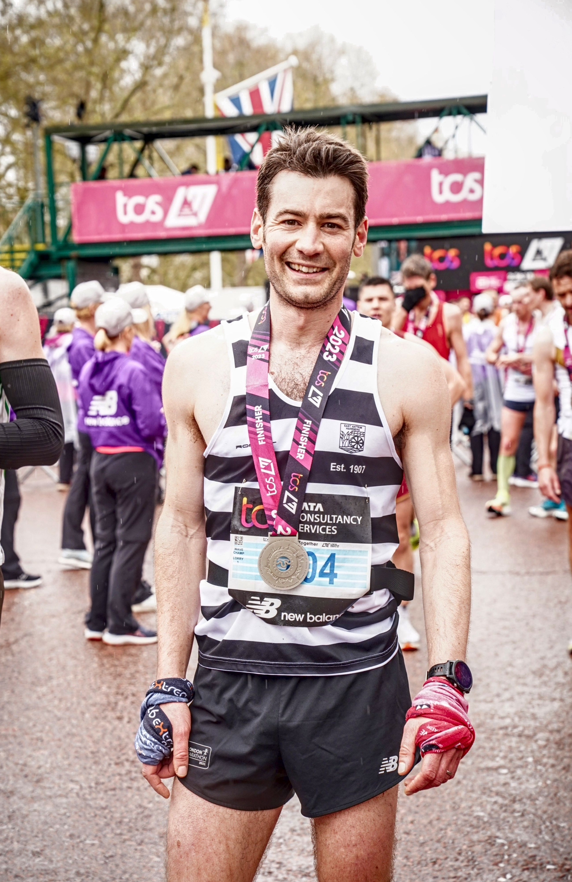 Coach Nick Weston at the 2023 London Marathon and British Marathon Championships finish line